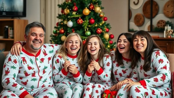 Family in matching pajamas enjoying a sustainable Christmas celebration.
