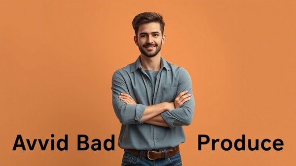 Young man in casual wear with text 'Avoid Bad Produce'.