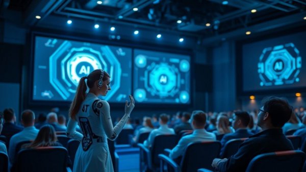 Futuristic presentation on AI chip technology with a robotic interface.