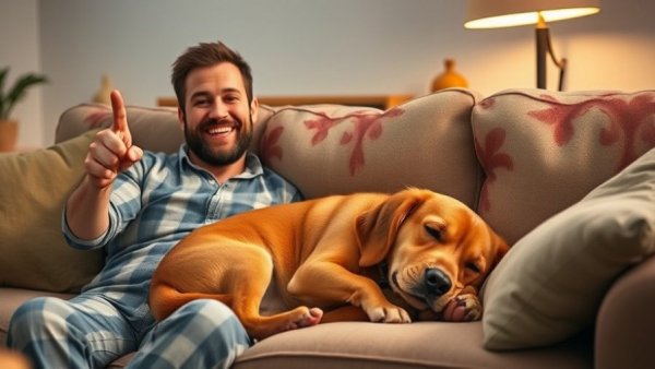 Cheerful man and relaxed dog showcasing 'Tire Your Dog in 10 Minutes'.