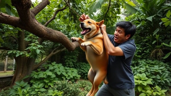 Dog funny moments in garden with playful tug-of-war