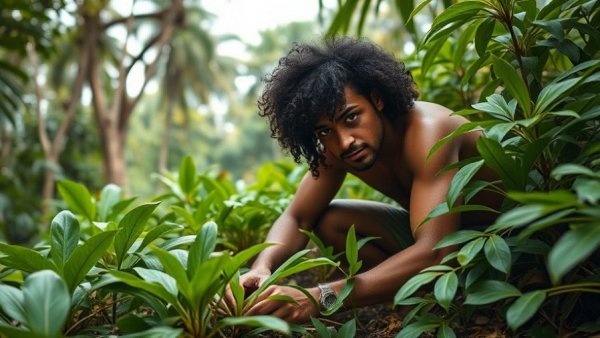 Person managing dense foliage in jungle-like area, dog behavior training.