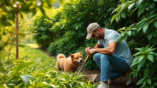 Fun gardening with your dog in vibrant greenery.