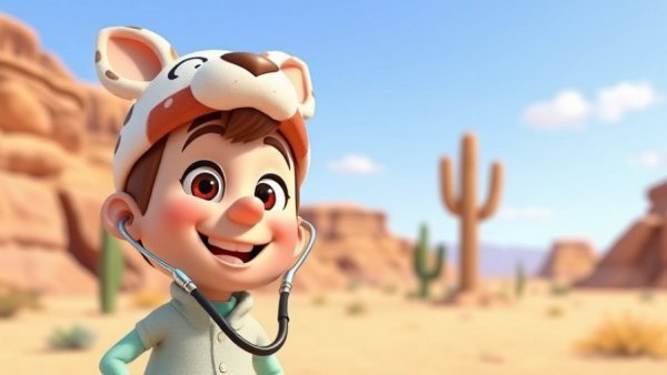 Cheerful pet cartoon character for kids smiling in a colorful scene.