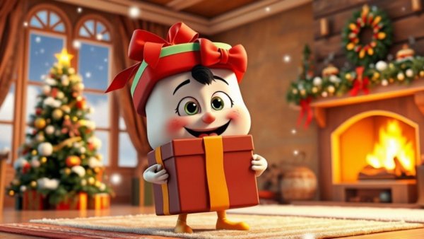 Festive cartoon gift character with Santa hat in a pet comedy style setting.