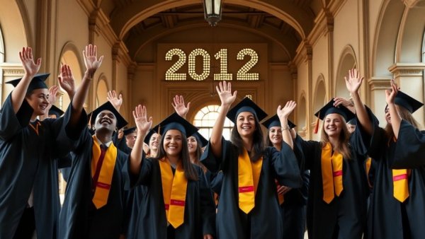 Graduates in gowns celebrating New Year, vibrant moment.