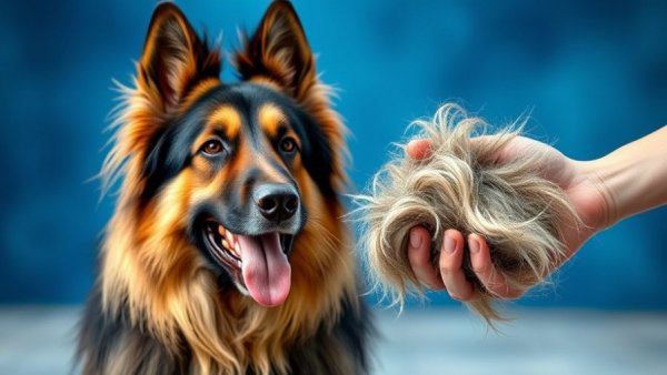 Long-haired dog and clump of fur, highlighting pet care.