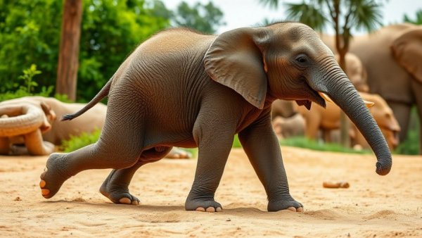 Adorable baby elephant stretching, resembling pet funniest videos.