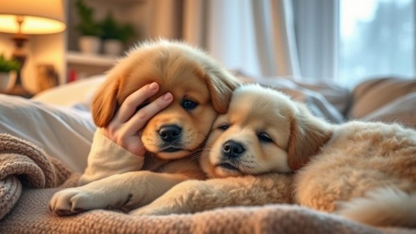 Dog offering comfort to person pretending to cry, warm indoor setting.