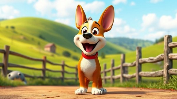 Colorful pet cartoon for kids with excited dog in a vibrant landscape.