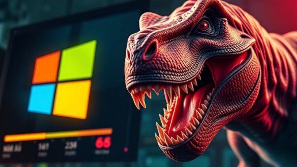 Disable Delivery Optimization concept with dinosaur biting RAM and Windows logo.