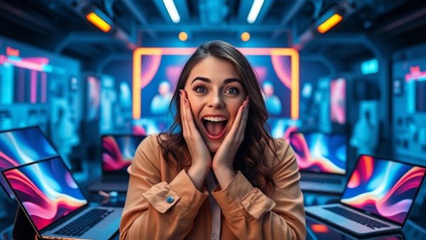 Excited woman with foldable iPhone 2026 concept and Apple devices.