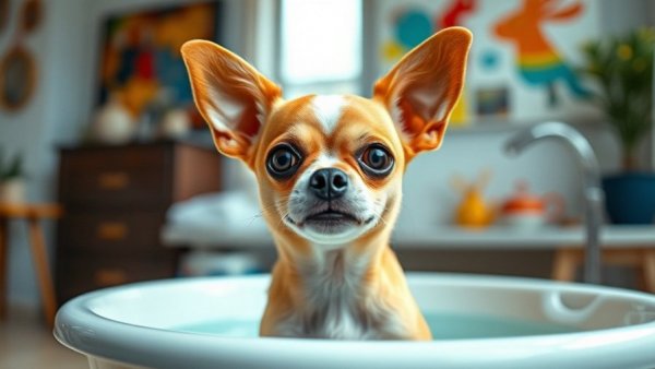 Dramatic Chihuahua sitting in bath with playful expression.