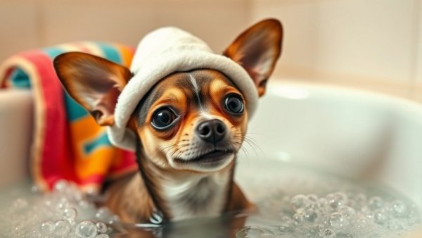 Funny chihuahua with foam hat in bath, pet funniest videos.
