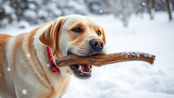 Dog funny moments: Labrador dog playing in snow.