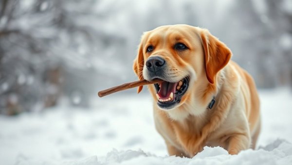 Energetic Labrador discovering snow with a stick.