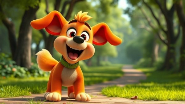 Vibrant pet cartoon for kids in a park setting.