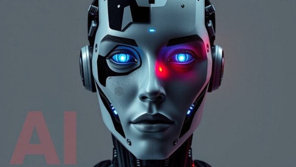 Dramatic AI-human fusion image with bold text raising concerns.