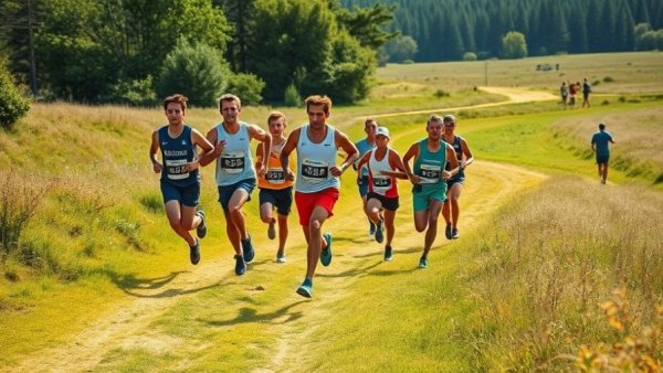 Group of runners in a cross-country race, vibrant outdoor setting.