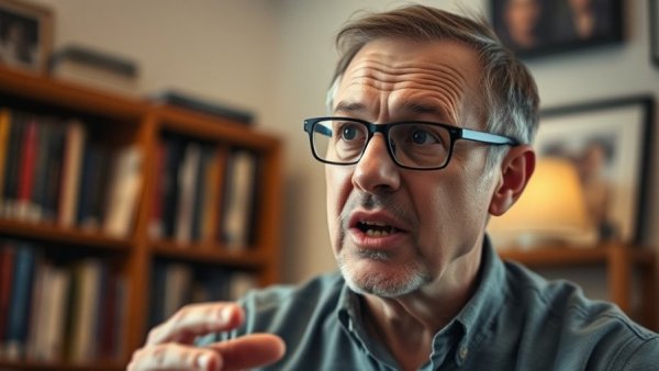 Middle-aged man discussing healthy eating, bookshelf background.