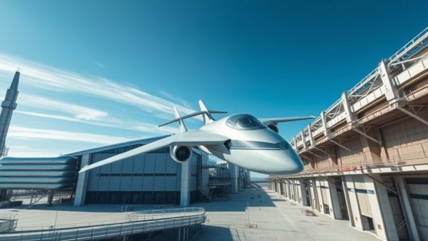 Futuristic industrial facility with supersonic jet and AI elements in daylight.