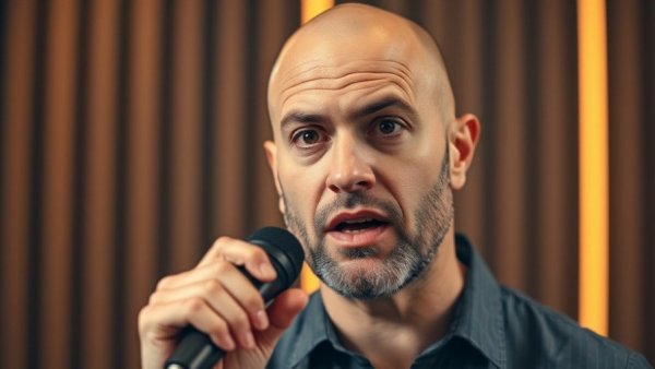 Confident man speaking in a studio setting with warm lighting.