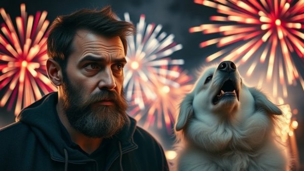 Dog anxiety during fireworks, concerned man with howling dog against a backdrop of bright fireworks.