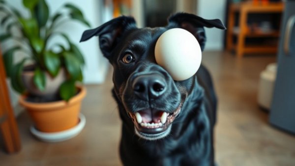 Black dog balancing egg on head, hilarious dog video scene.