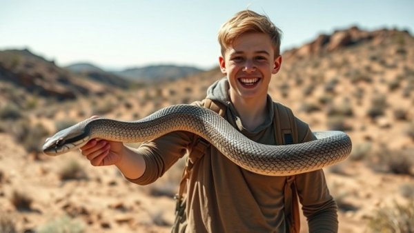 Adventurer holding snake, exploring wilderness, Hunting the Ghost Serpent.