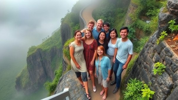 Lively group posing on a cliffside path with greenery.