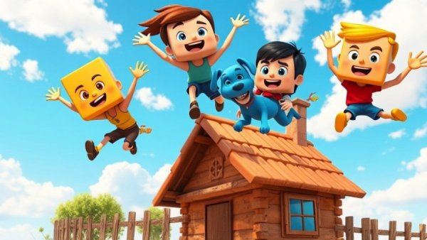 Cartoon pet comedy scene with characters and blue dog jumping over a house.