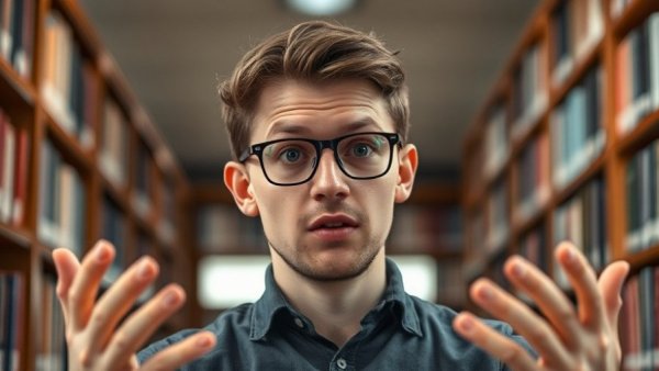 Young man explaining why data breaches cost millions, library background.
