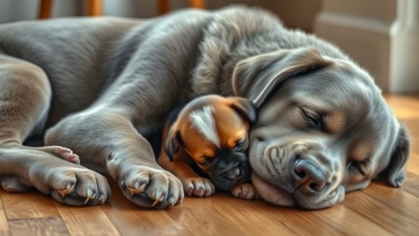 Large sleeping dog with playful puppy, funniest dogs 2025 interaction.