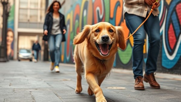Dog funny moments: Playful golden retriever on city walk.