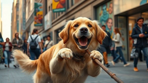 Golden Retriever snatches cane mistaken for stick on busy street.