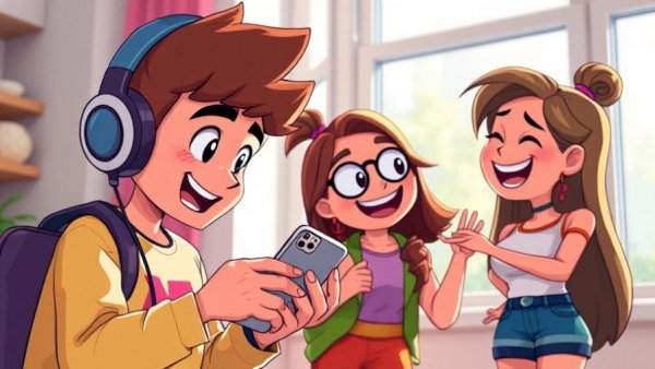 Cartoon characters in block style, playful interaction, vibrant environment.