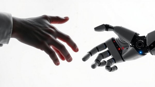 Human and AI robotic hands connecting in a futuristic setting.