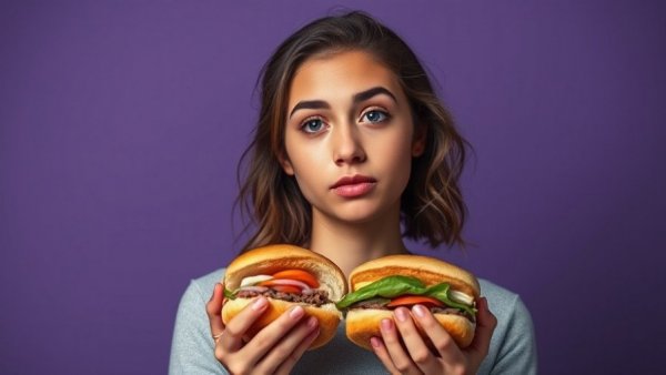 Creative portrayal of a young woman with sandwiches capturing food identity technology tools.