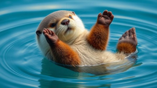 Playful otter floating with paws up in calm water, otter humor video compilation.