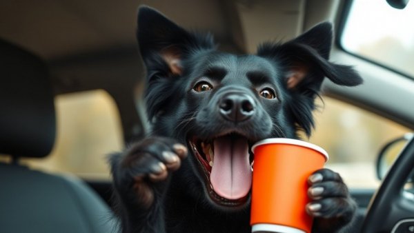 Funny moment of a dog with a cup in a car, dog funny moments