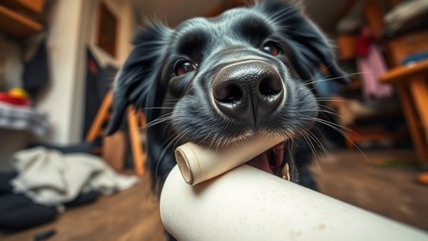 Dog exhibiting pet behavior problems by chewing on an object indoors.