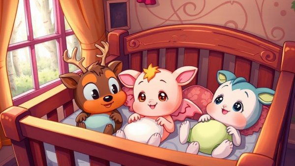 Cartoon characters in a whimsical setting looking at baby figures in a crib, pet comedy.