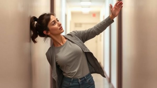 Young woman performing wall angels exercise, demonstrating at-home posture exercises.