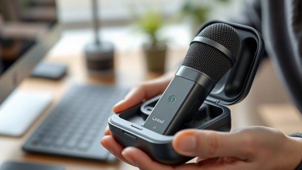 Hollyland Lark Max 2 wireless microphone in charging case.