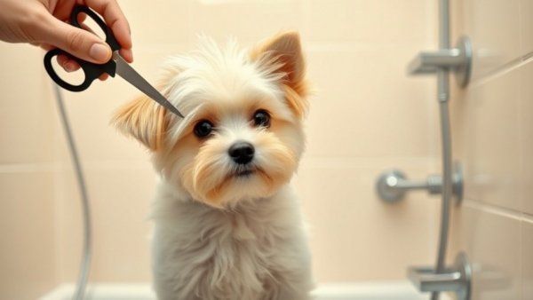 Dog Grooming Tips: Fluffy dog being carefully groomed in a tiled bathroom.