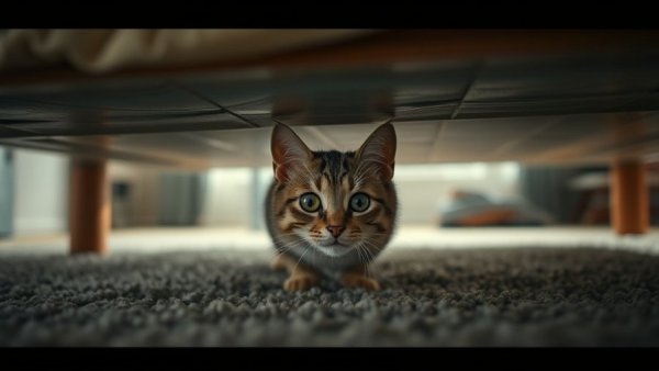 Inquisitive cat under bed highlights importance of play for pets.