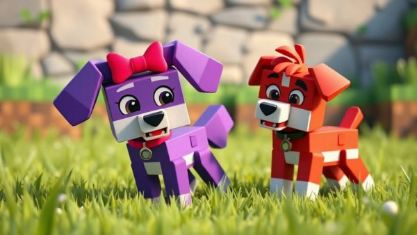 Blocky cartoon dogs in a comical pet setting, vibrant and playful.