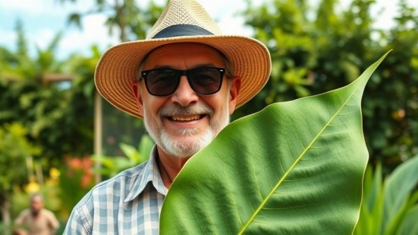 Man in hat holding collard greens leaf in garden