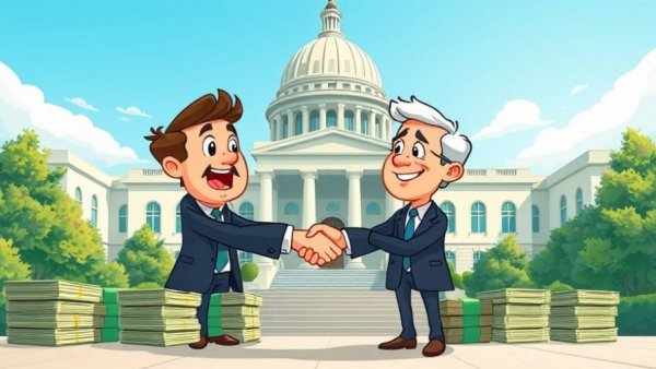 Cartoon of businessmen shaking hands for government contracts, money background