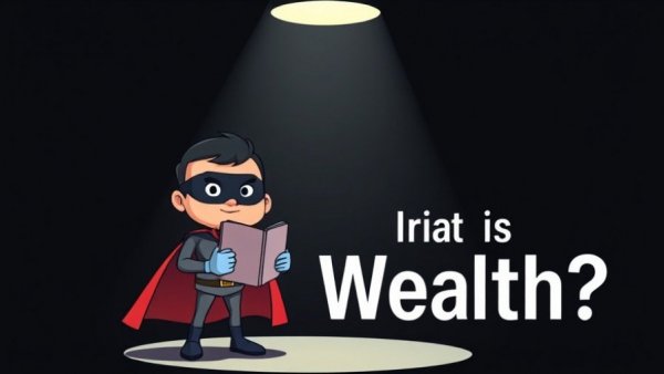 Cartoon superhero in spotlight with wealth theme.